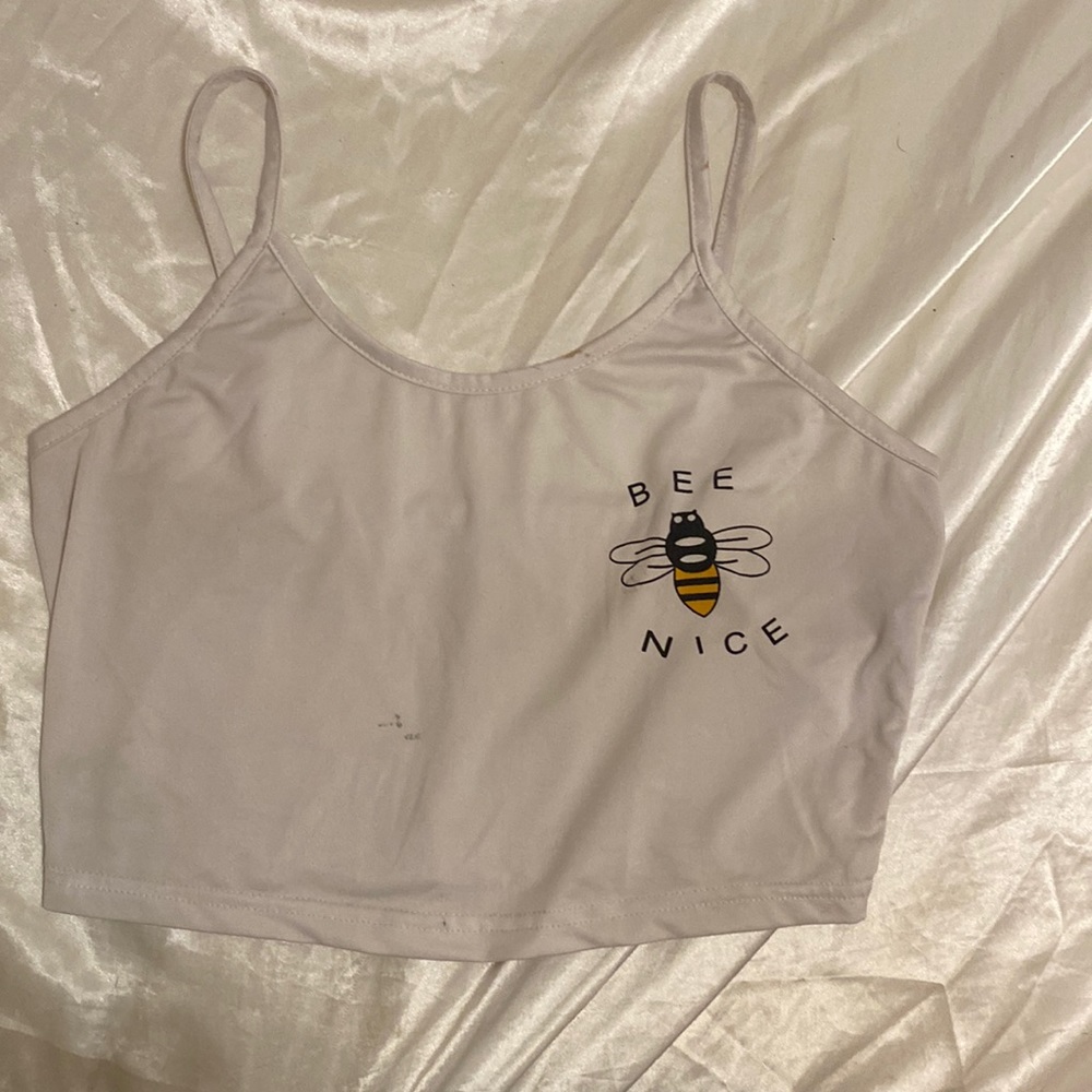 Small white SHEIN “Bee Nice” crop top